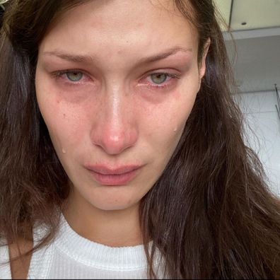 Bella Hadid cries on Instagram.