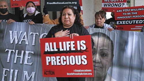 Sonya Valencia Alvarez sister of Melissa Lucio pleas to the public while surrounded by family and friends in Brownsville, Texas. 