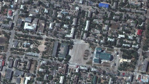 A satellite image shows damaged buildings near Chemist's Palace of Culture in downtown Severodonetsk, Ukraine. 