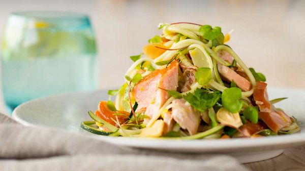 wood roasted salmon with zucchini noodle, pine nuts and Parmesan recipe for Huon