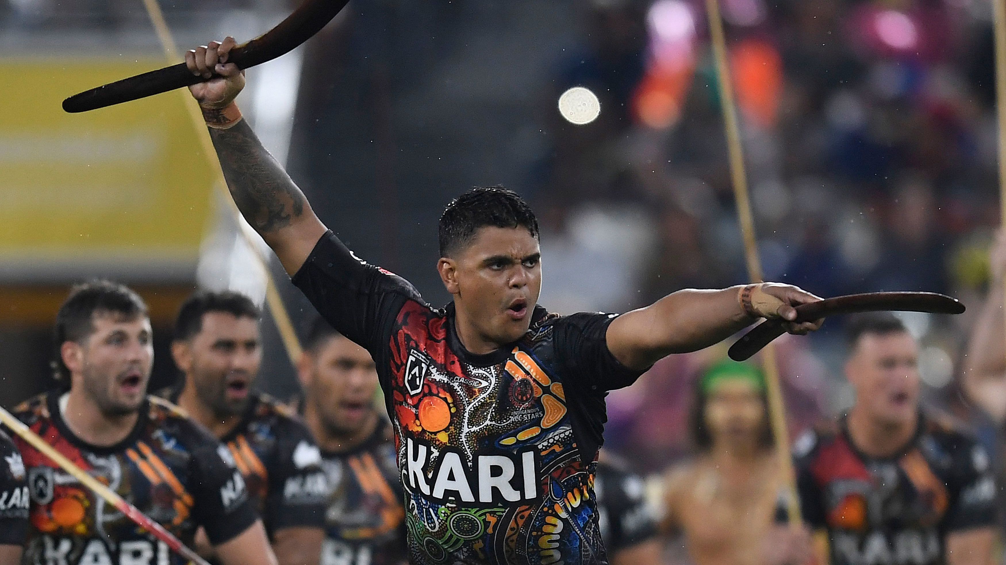 Latrell Mitchell of the Indigenous All Stars leads the Indigenous &#x27;War Cry&#x27; before the NRL All Stars game in 2021.