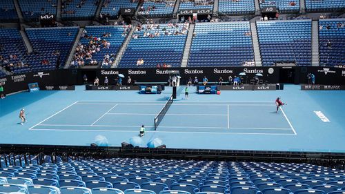 United States' Serena Williams, right, serves to Russia's Anastasia Potapova during their third round match on Rod Laver Arena.