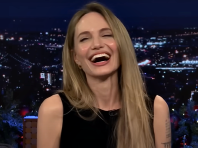 Angelina Jolie goes barefoot on The Tonight Show Starring Jimmy Fallon, December 2024