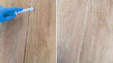 Dirty grout cleaned with electric toothbrush
