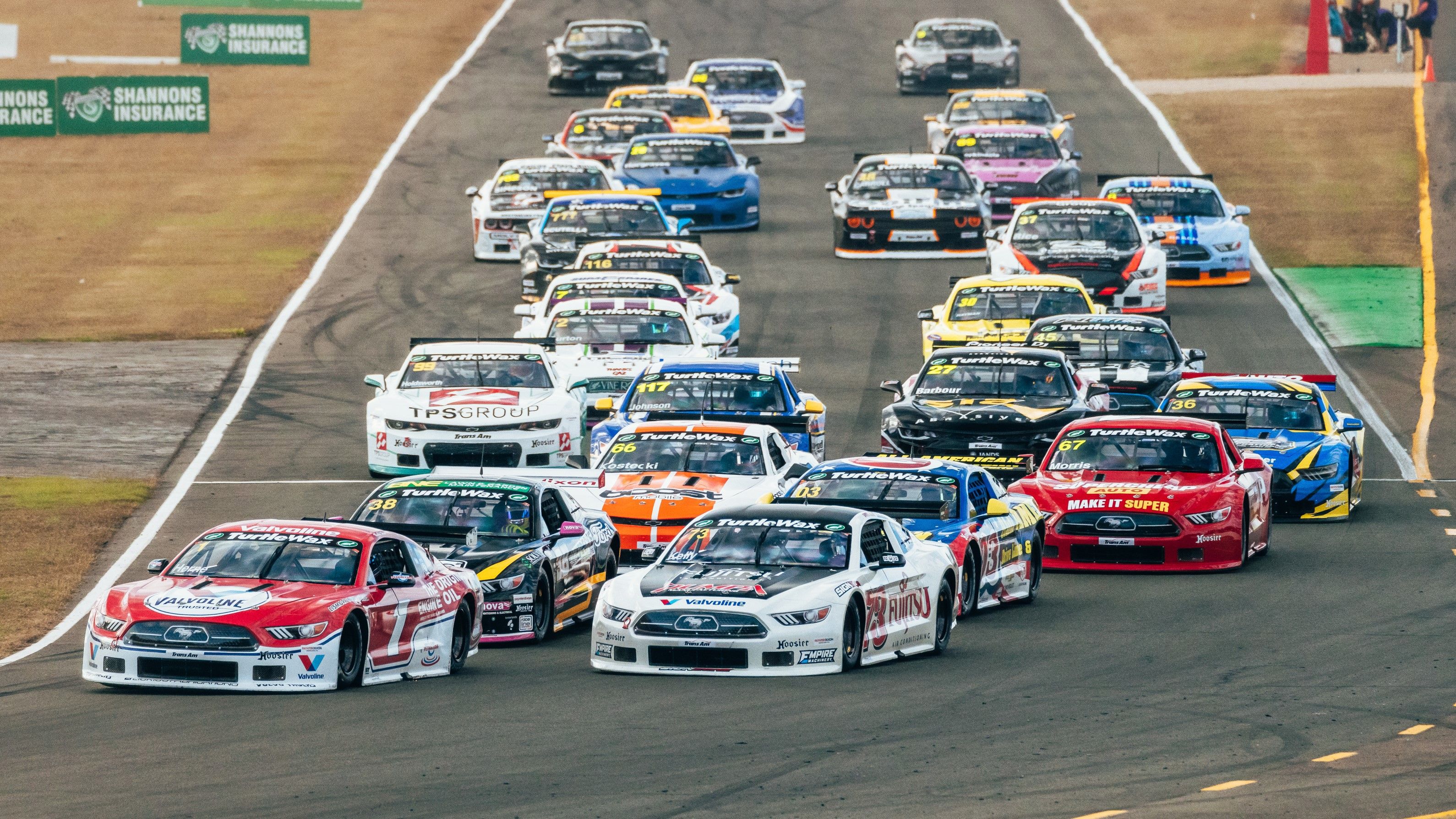 The National Trans Am Series field files into turn one at Queensland Raceway.