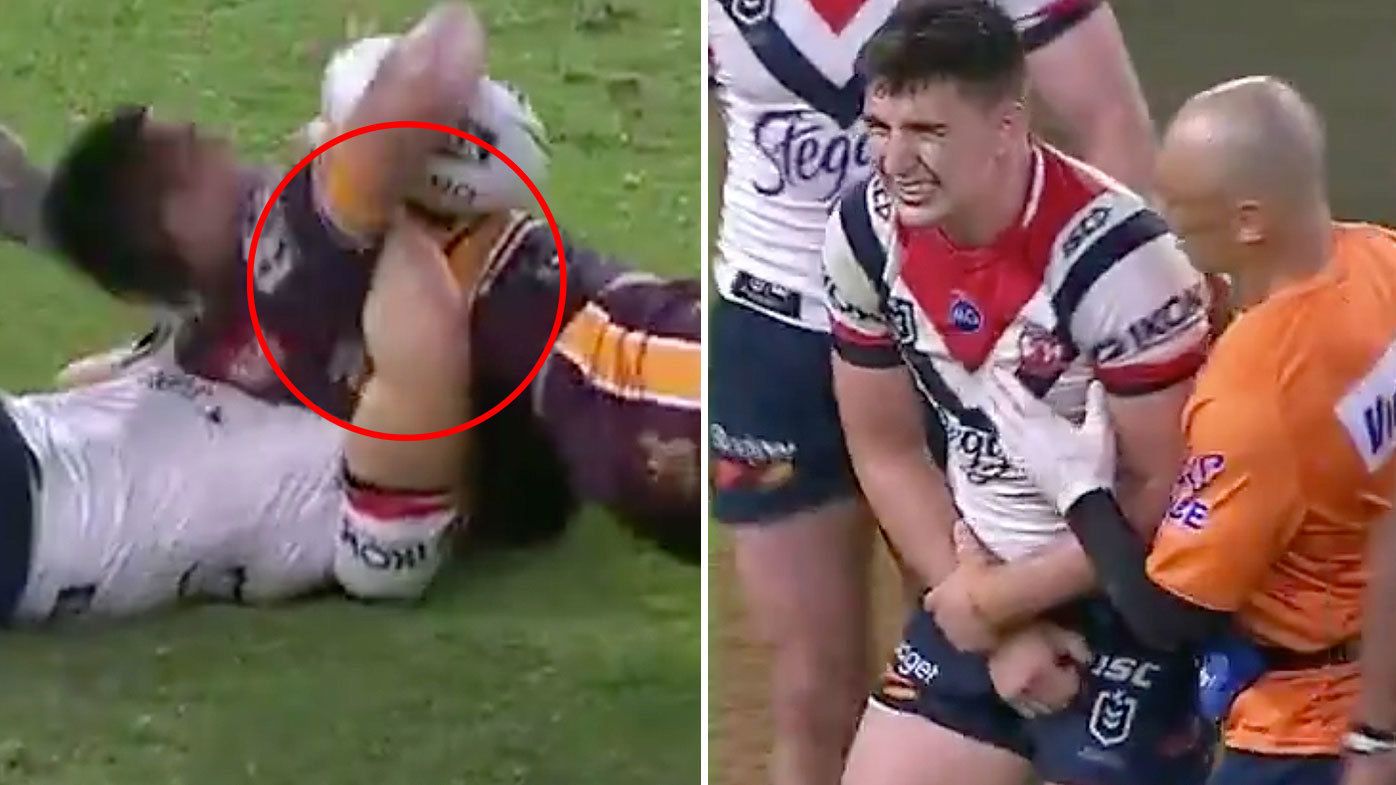 Sydney Roosters Victor Radley goes down in awkward tackle