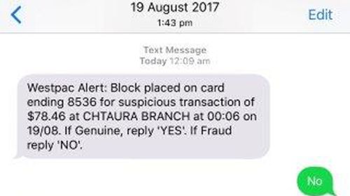 A message Louise received from her bank after suspicious activity was detected.