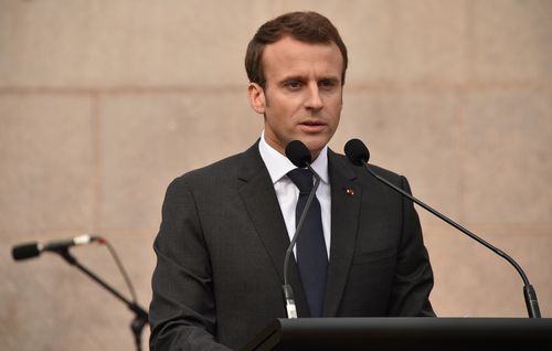 President Macron speaks at the Anzac war memorial in Sydney. Picture: AAP