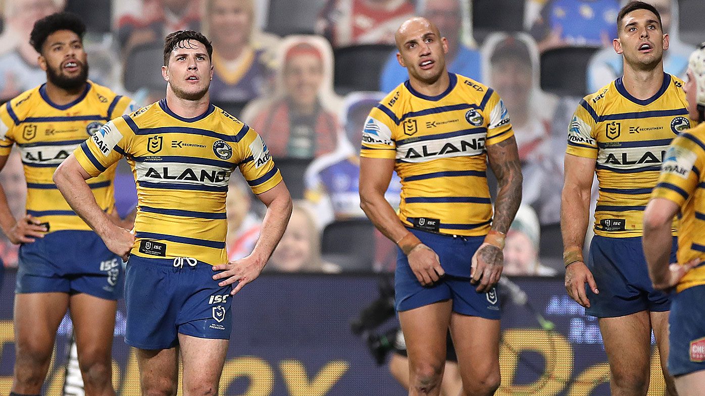 Mitchell Moses and Blake Ferguson of the Eels looks dejected after the Roosters scored a try