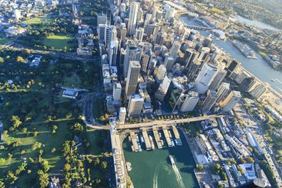 The central business district/finance district of Sydney/NSW, Australia. Aerial view during golden hour