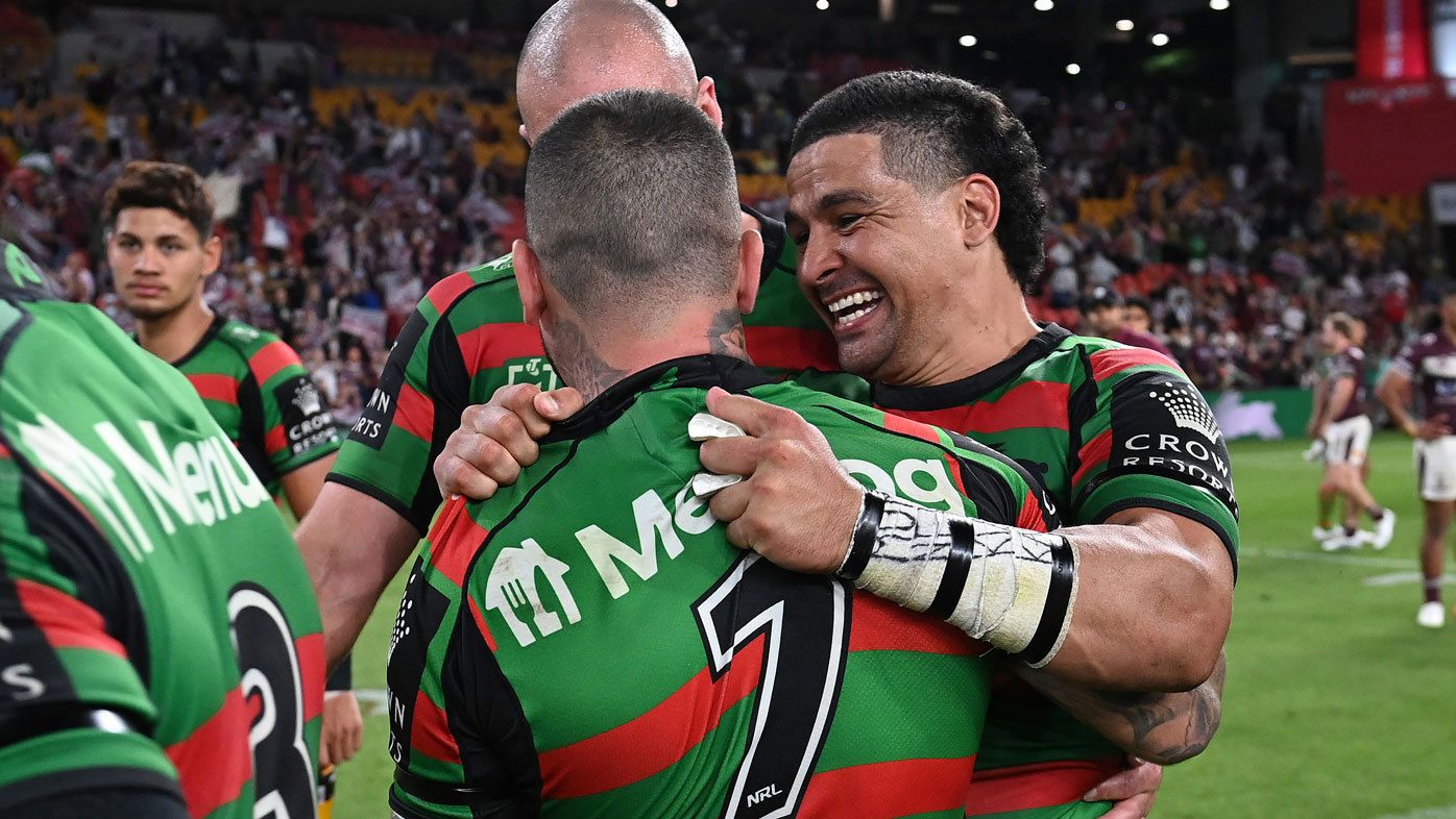 Adam Reynolds celebrates with Cody Walker after Souths beat Manly to advance to the 2021 grand final.