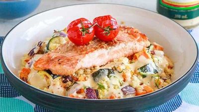 Salmon with warm roast vegetable couscous salad
