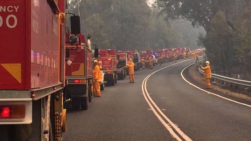 Country Fire Authority vehicles en-route to Gippsland on Sunday.