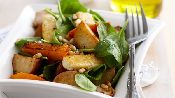 Warm roast vegetable, haloumi and pine nut salad