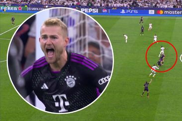Matthijs de Ligt reacts to the offside call in the dying stages of ther Bayern Munich vs Real Madrid semi-final in the UEFA Champions League.