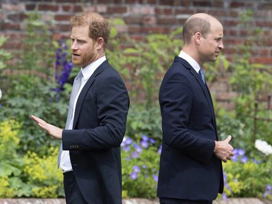 FILE - Prince Harry, left, and Prince William stand together during the unveiling of a statue they commissioned of their mother Princess Diana, on what would have been her 60th birthday, in the Sunken Garden at Kensington Palace, London, Thursday July 1, 2021. Prince Harry has said he wants to have his father and brother back and that he wants a family, not an institution, during a TV interview ahead of the publication of his memoir. The interview with Britains ITV channel is due to be released 