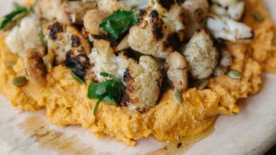 Recipe: <a href="http://kitchen.nine.com.au/2016/06/17/12/53/chargrilled-cauliflower-170616" target="_top">Chargrilled cauliflower with fried butterbeans and pumpkin hummus</a>