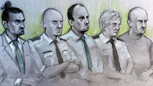 A court artist sketch of, left to right, David Osborne, male custody officer, Ieuan Harley, female custody officer and Darran Evesham, during their trail at Newport Crown Court.