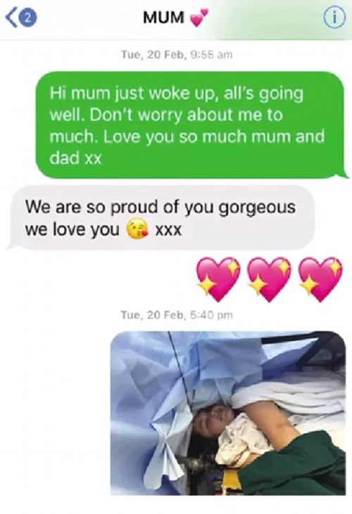 A screenshot of the message Jessica sent to her mother in the operating theatre. (Supplied)