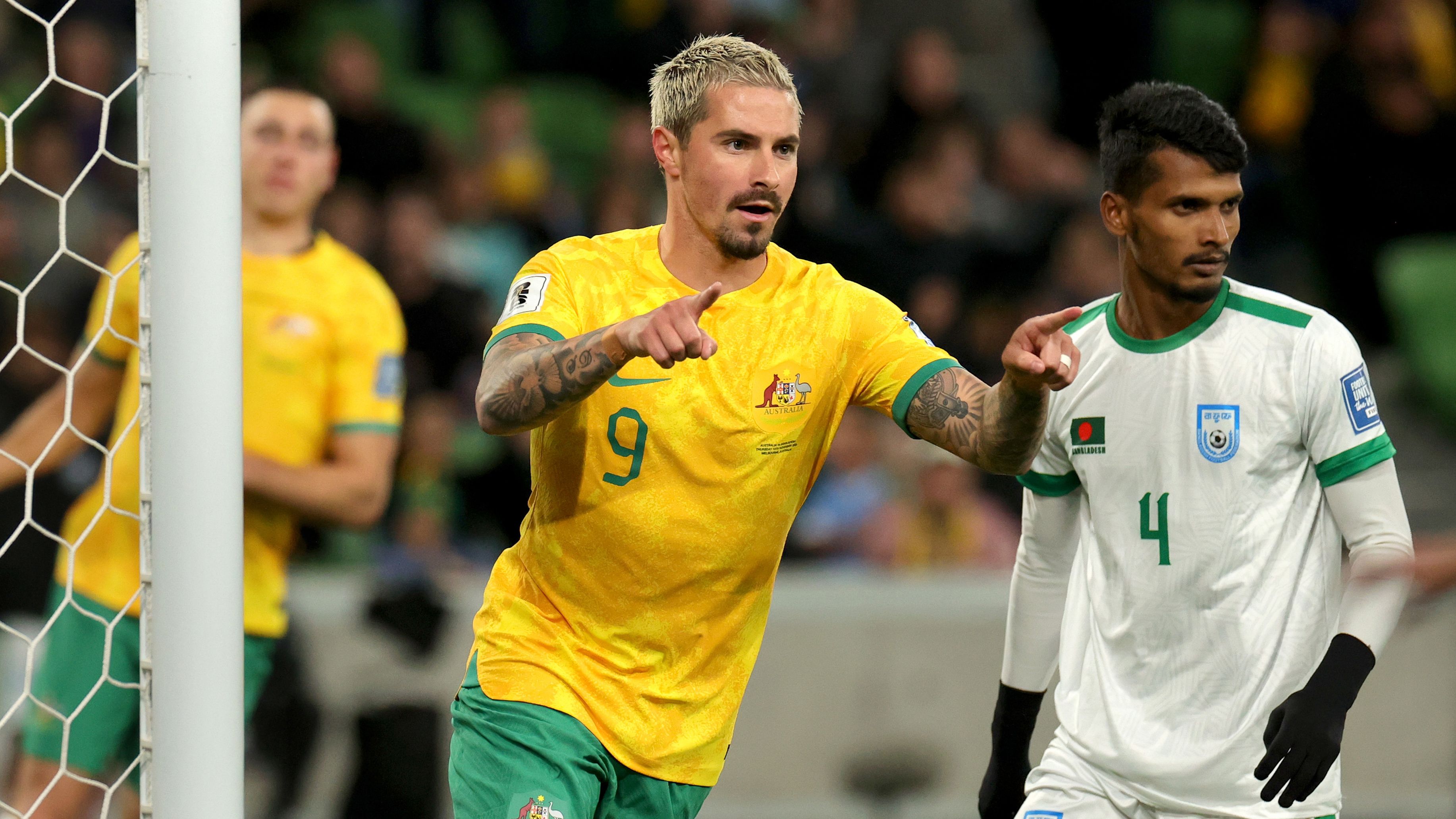 MELBOURNE, AUSTRALIA - NOVEMBER 16: Jamie Maclaren of the Socceroos celebrates scoring a goal during the 2026 FIFA World Cup Qualifier match between Australia Socceroos and Bangladesh at AAMI Park on November 16, 2023 in Melbourne, Australia. (Photo by Kelly Defina/Getty Images)