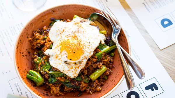 Kong kimchi fried rice with brisket and a fried egg