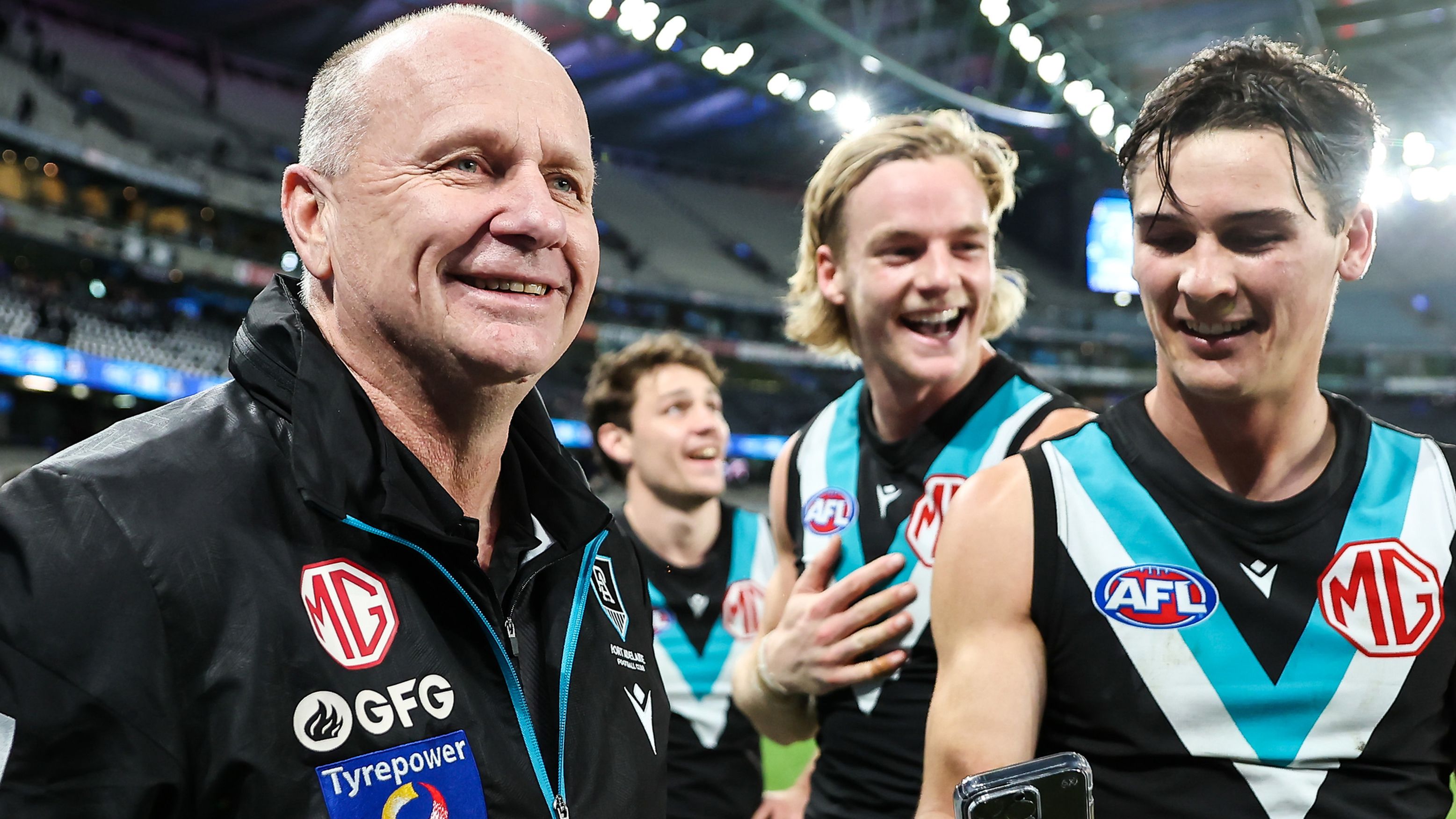 MELBOURNE, AUSTRALIA - JUNE 09: Ken Hinkley, Senior Coach of the Power celebrates during the 2023 AFL Round 13 match between the Western Bulldogs and the Port Adelaide Power at Marvel Stadium on June 9, 2023 in Melbourne, Australia. (Photo by Dylan Burns/AFL Photos via Getty Images)