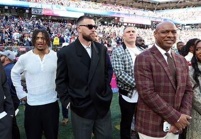 A.J. Terrell Jr., Travis Kelce, Garett Bolles and Jarrett Payton attend the Super Bowl LX Pregame at Levi's Stadium on February 08, 2026 in Santa Clara, California.