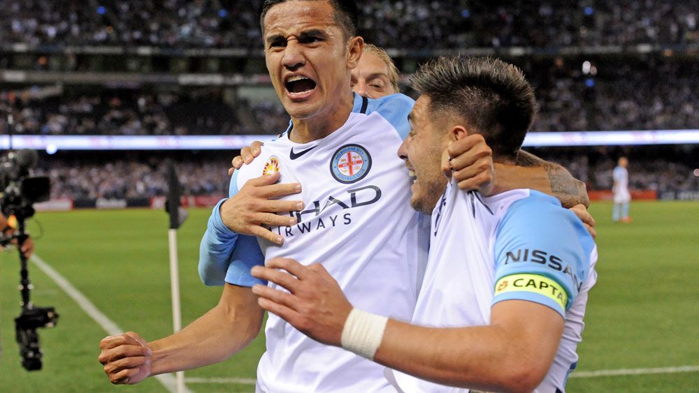 Melbourne City stars Tim Cahill and Bruno Fornaroli. (AAP)