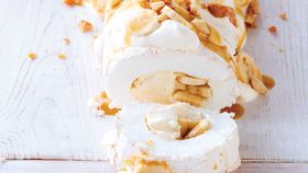 Julie Goodwin's banoffee pavlova roulade with candied macadamias