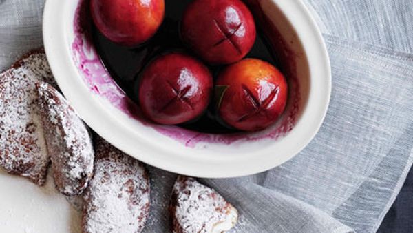 Ricotta casadetti with red wine-baked peaches