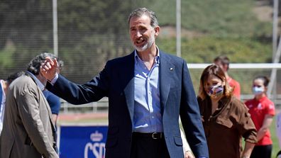 King Felipe VI of Spain reacts during a visit at the CAR Sports Center on June 08, 2020.