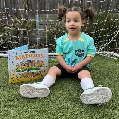 Two-year-old Xari shared her love for the Matildas for Book Week celebration at daycare.