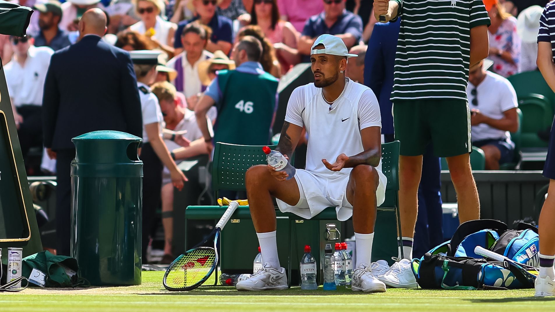 Nick Kyrgios argues with the chair umpire about a &quot;drunk&quot; fan during his Wimbledon men&#x27;s final against Novak Djokovic.