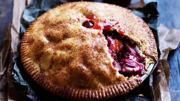 Rhubarb and apple pie with warm cinnamon custard