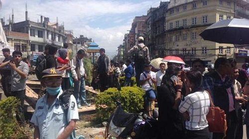 Thousands of people in Kathmandu rush into the streets following quake. (Twitter: @ShiwaniNeupane)