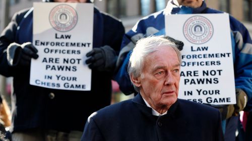 US Senator Ed Markey, D-Mass., attends a rally with government workers and their supporters in Boston.