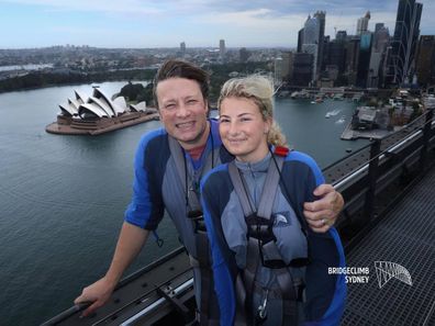 Jamie Oliver in Sydney with his daughter Poppy, doing the Harbour Bridge Climb.