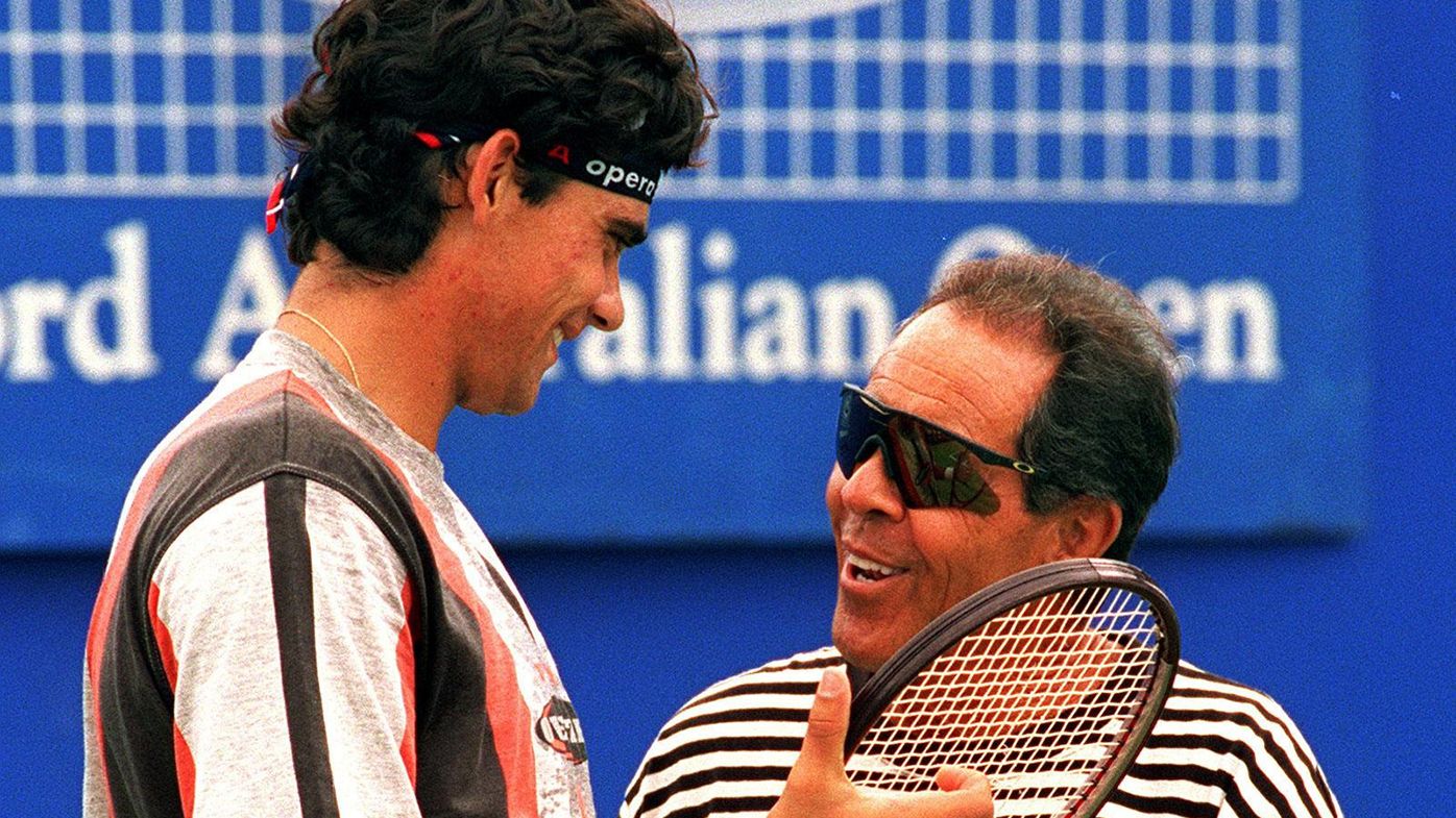 Mark Philippoussis with coach Nick Bollettieri at the 1996 Australian Open.