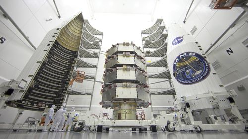 NASAs four Magnetospheric Multiscale, or MMS, satellites at the Astrotech Space Operations facility in Titusville, Florida, March 2015. (NASA via AP)