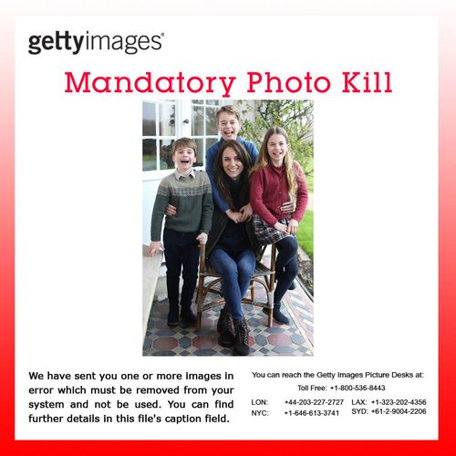 Getty Images put a 'mandatory photo kill' on the image showing the mum-of-three smiling with her children