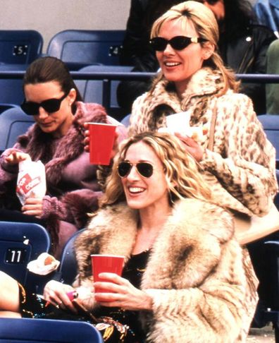 Sex & The City scene with Carrie Bradshaw, Samantha Jones and Charlotte York in fur coats