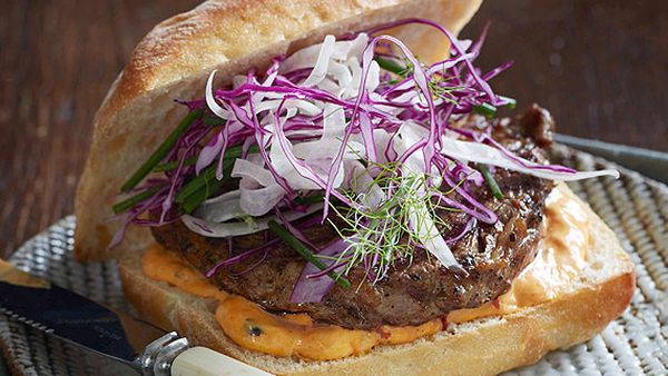 Cajun steak roll with red pepper mayonnaise and fennel slaw