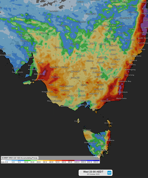 Accumulated rainfall totals to 11pm AEST Wednesday 26th October 2022.