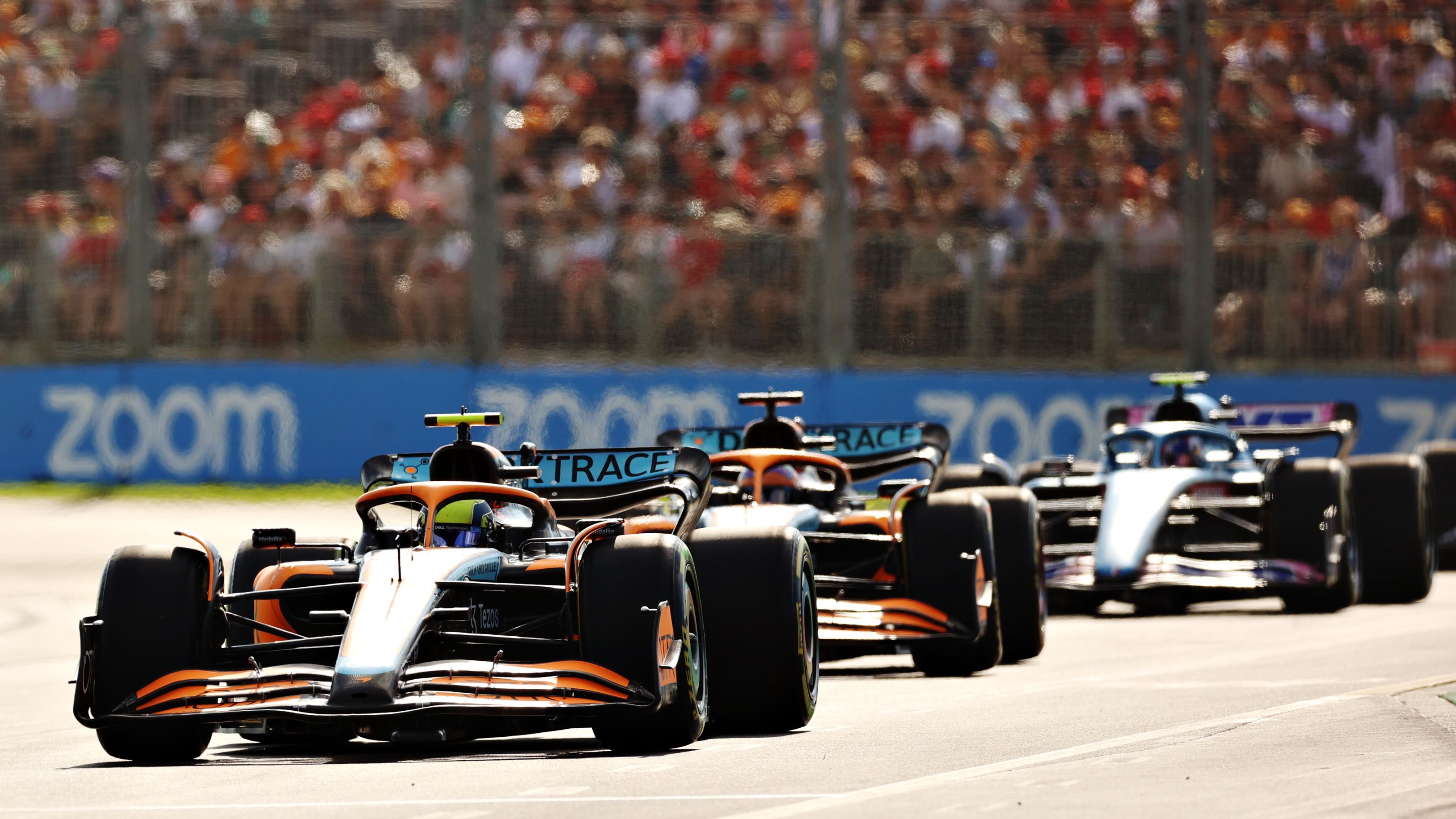 Lando Norris leads Daniel Ricciardo during the F1 Grand Prix of Australia.