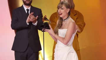 Taylor Swift accepts the &quot;Album Of The Year&quot; award for &quot;Midnights&quot; onstage during the 66th GRAMMY Awards at Crypto.com Arena on February 04, 2024 in Los Angeles, California.