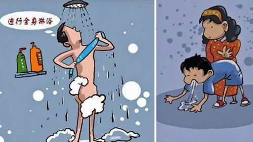 Cartoons from the Jilin Daily article illustrating how to scrub off radiation  fallout in a shower and induce vomiting in young children. (Jilin Daily).