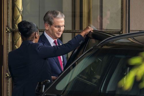 Secretary of Treasury Scott Bessent leaves his hotel for a meeting on tariffs with Chinese officials in Geneva, Switzerland, on Saturday