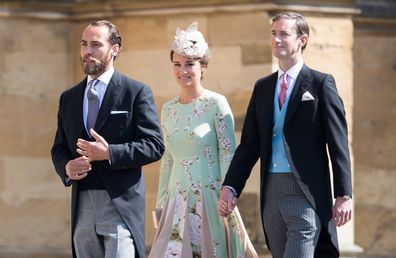 James Middleton, Pippa Middleton and James Matthews attend the wedding of Harry and Meghan in 2018 in Windsor.