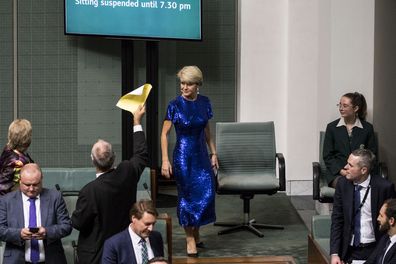 Julie Bishop MP arrived in a bright blue sequins dress for Treasurer Josh Frydenberg's budget speech in the House of Representatives at Parliament House in Canberra on April 2, 2019 