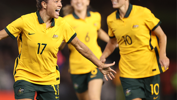 Australia&#x27;s Kyah Simon celebrates after  scoring her team&#x27;s only goal during game two of the International Friendly series between the Australia Matildas and the US Women&#x27;s National Team.